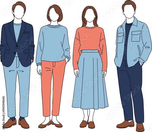 Modern diverse group in colorful casual smart outfits, vector fashion illustration, blazers, sweaters, wide pants, skirts, trendy office everyday style collection
