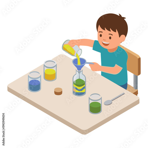A young boy mixes colorful liquids in a glass bottle on a table