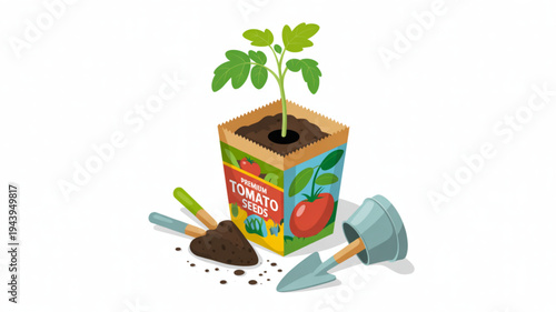 Seedling in biodegradable cardboard pot with gardening tools and soil on white background for eco friendly planting