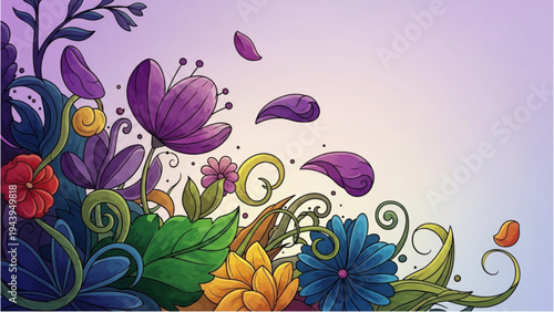 Vibrant flowers and leaves are floating in the air outdoors.