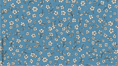 Vibrant blue floral pattern featuring small white flowers and green leaves
