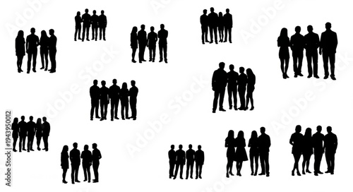 Silhouetted Groups of People Gathered Together in Various Formations.