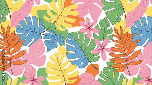 Vibrant tropical leaves in various colors fill the frame closely.