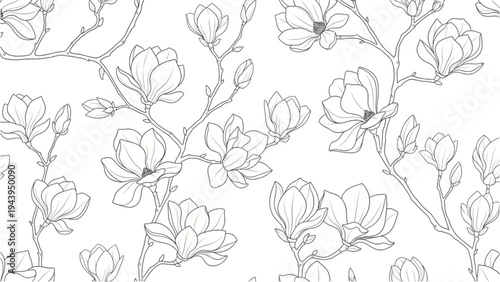 A detailed illustration of blooming magnolia flowers and leaves on branches