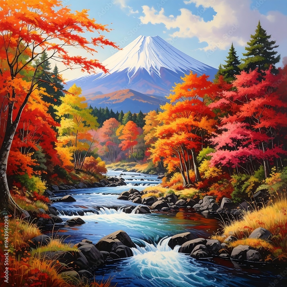 Fototapeta premium A serene landscape of a snow-capped mountain behind a vibrant forest and a gently flowing river