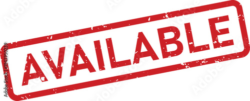 A distressed red rubber stamp featuring the word AVAILABLE clearly displayed within a rectangular border on white