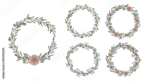Floral wreaths arrangement with green leaves and pink flowers on white