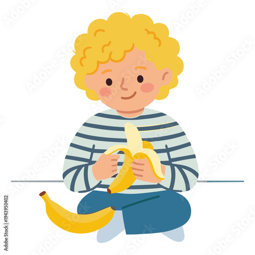 A child happily peeling a banana while sitting cross-legged indoors.