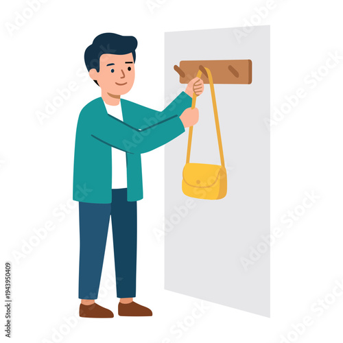 Man hangs yellow bag on wooden hook on white door