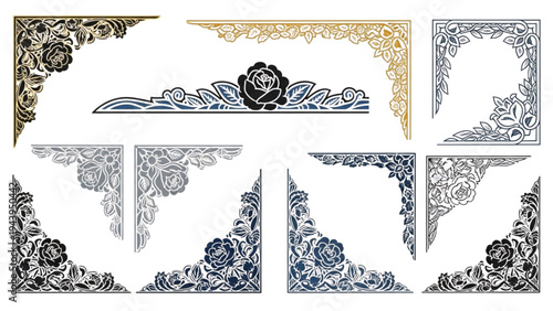 Vintage floral corner border designs in gold, silver, and blue, with intricate patterns and roses.
