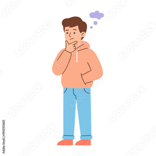 A cartoon man thinks deeply with a puzzled expression on his face indoors