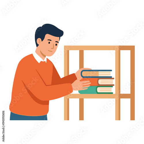 Man placing books on a wooden shelf in a room
