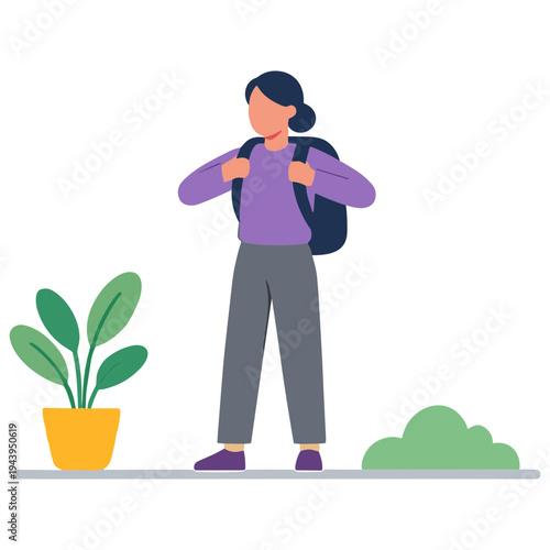 A woman wearing a backpack stands beside a potted plant outdoors.