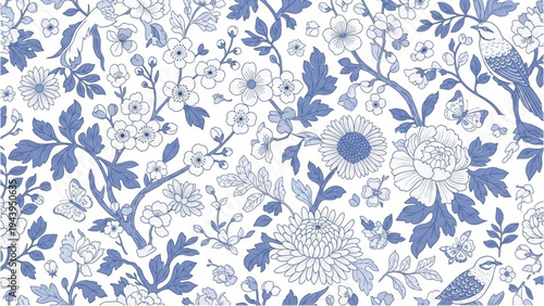 Blue floral pattern with various flowers and leaves on white background