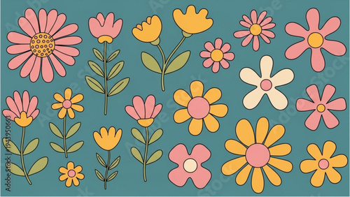 Vibrant flowers bloom in a colorful illustration of various plants.