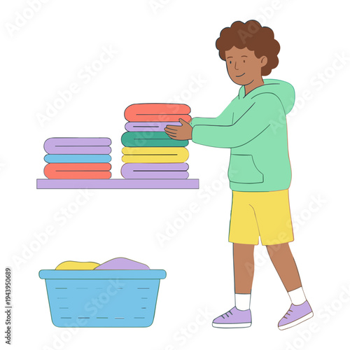 A person stacks colorful towels on a shelf next to a laundry basket.