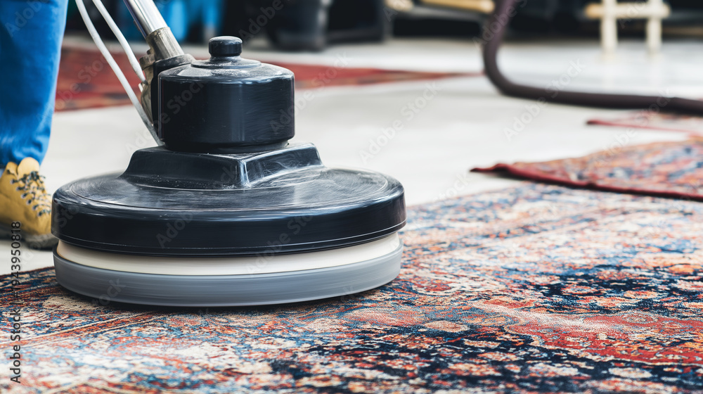 Fototapeta premium Professional cleaner using a rotary machine for deep scrubbing an old oriental rug, restoring it to freshness