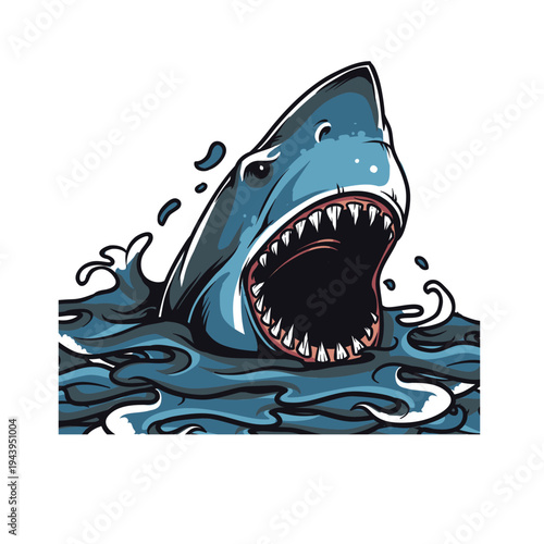 Angry cartoon shark with open mouth showing teeth in the sea