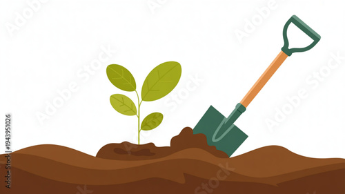 Small green plant sprout growing in brown soil with a shovel digging nearby outdoors