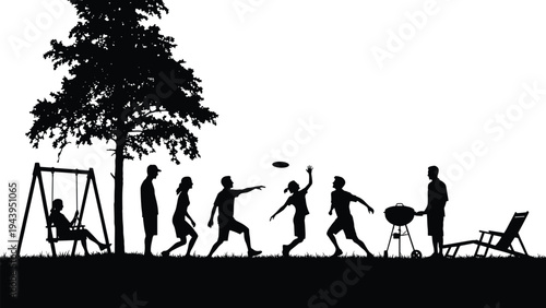 Black silhouette of a happy family enjoying a summer backyard barbecue with children playing frisbee, swinging on a swing set, and grilling outdoors. (24 words)