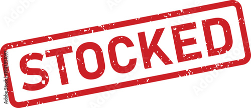 A distressed red rubber stamp featuring the word STOCKED prominently displayed on a clean white background