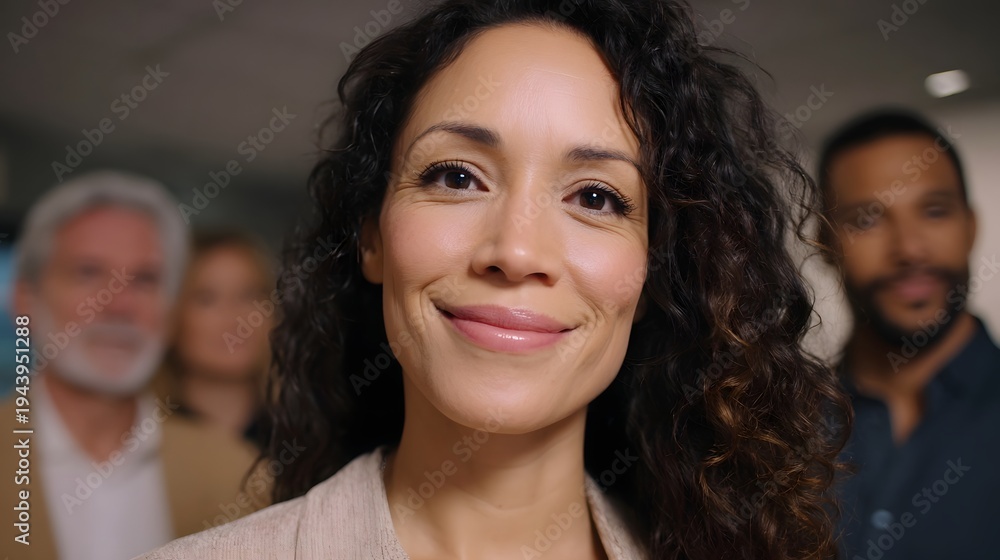 Obraz premium A smiling woman in the foreground with colleagues blurred in the background conveying professionalism and teamwork