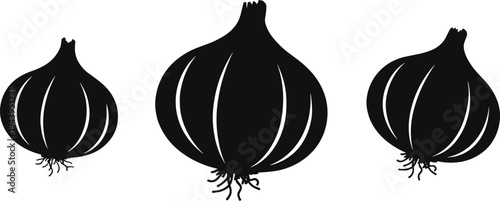 Black silhouette onion icons set isolated on white background for organic vegetable market logo design, healthy cooking ingredients, and plant root botanical illustration