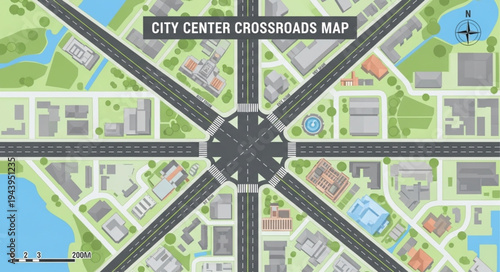 City Center Crossroads Map - Detailed Aerial View of Urban Intersection.
