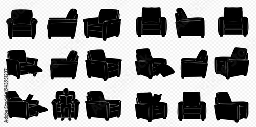 Set of black silhouettes of armchairs and recliners in various positions, isolated on a transparent background, depicting comfort and relaxation furniture.