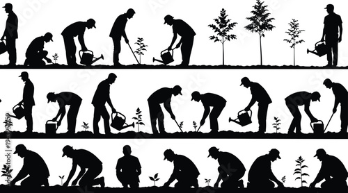 Black silhouette of people gardening and planting trees in rows for environmental sustainability community farming agricultural work and ecological conservation vector illustration background