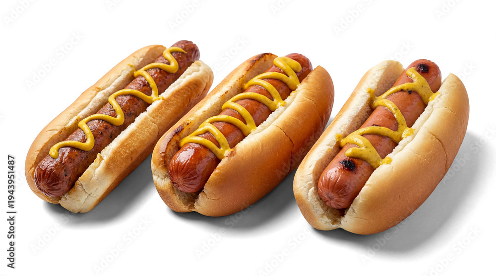 Obraz premium crispy grilled hot dogs generously drizzled with mustard, arranged side-by-side in toasted buns against a white backdrop.