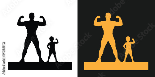 A muscular adult and child flexing their arms in strong poses on platforms.