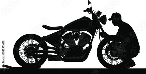 Detailed Black Silhouette of a Professional Mechanic Repairing a Custom Bobber Motorcycle in a Garage Workshop for Biker Lifestyle Maintenance and Automotive Service Design Assets