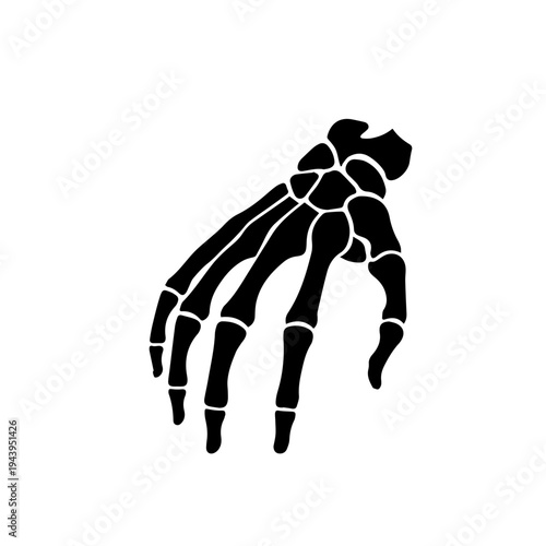 Striking black and white minimalist graphic illustration of a human skeleton hand, capturing the intricate bone structure with a bold artistic concept for design projects