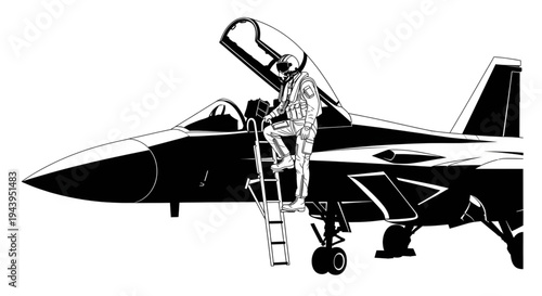 Black and white illustration of a fighter pilot in gear climbing a ladder into a jet cockpit