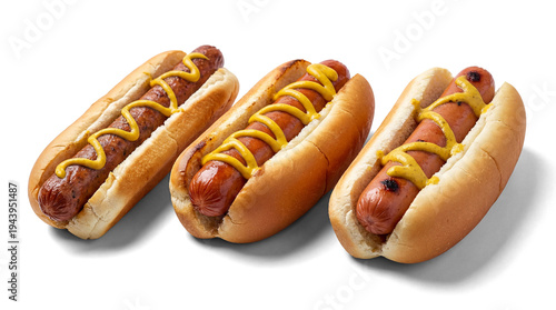 Cuadro en lienzo crispy grilled hot dogs generously drizzled with mustard, arranged side-by-side in toasted buns against a white backdrop