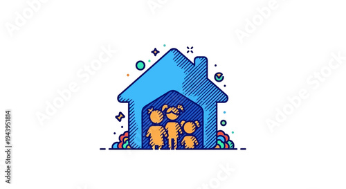 Family standing in blue house doorway.