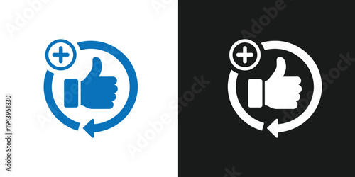 Illustration of thumbs up icon with circular arrow and plus sign in blue and white and black backgrounds for feedback and rating concepts