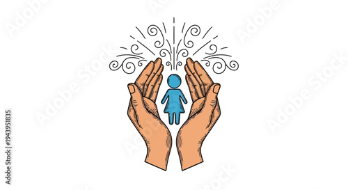 Hands holding a blue human figure.
