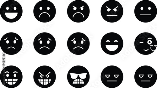 Emoji face icons set, smile sad angry funny expression collection, emoticon reaction symbols vector illustration pack