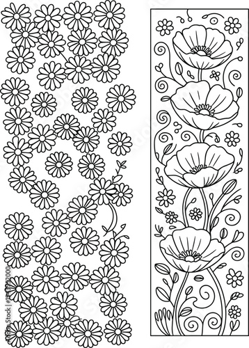 Black and white floral patterns with daisies and poppies