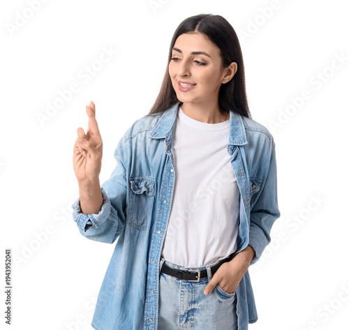 Young woman using sign lang...