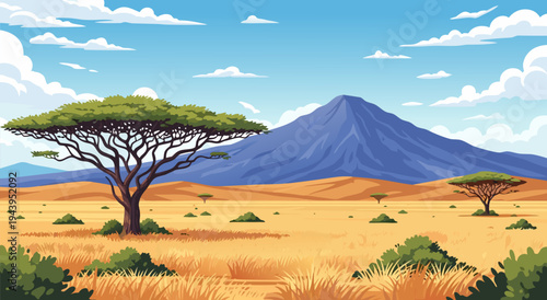 Vector illustration of an African savanna landscape with acacia trees and a distant mountain under a blue sky with clouds