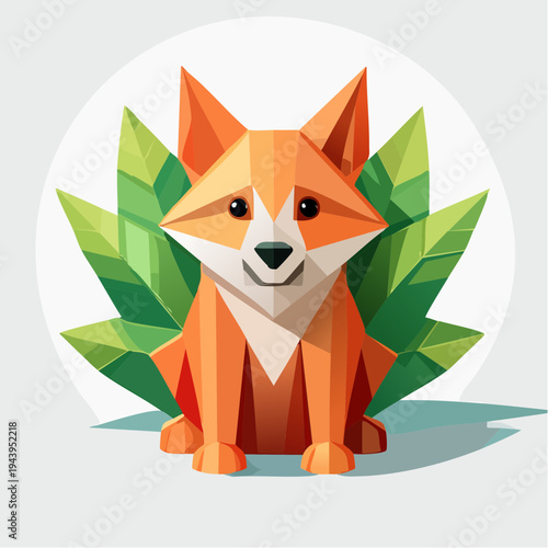 Origami fox and green leaves illustration, a charming low-poly animal design
