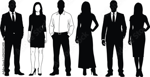 Professional business people silhouettes in formal suits and dresses, black vector illustration, men and women corporate standing poses, elegant office attire collection