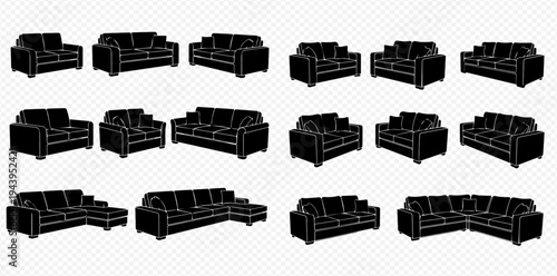 Set of various sofa and armchair silhouettes, illustrating different furniture styles and arrangements for interior design concepts.