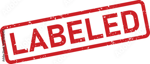 A grunge style red rubber stamp clearly showing the word LABELED on a crisp white background