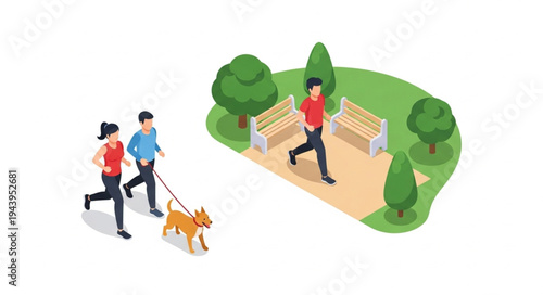 People walking with dog outdoors.