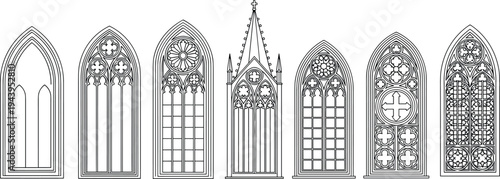 Gothic cathedral window collection, medieval church stained glass window frames, ornate gothic architecture line art vector set