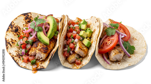 Billede på lærred vibrant grilled fish tacos with fresh toppings and tortillas, isolated on a transparent background for design flexibility